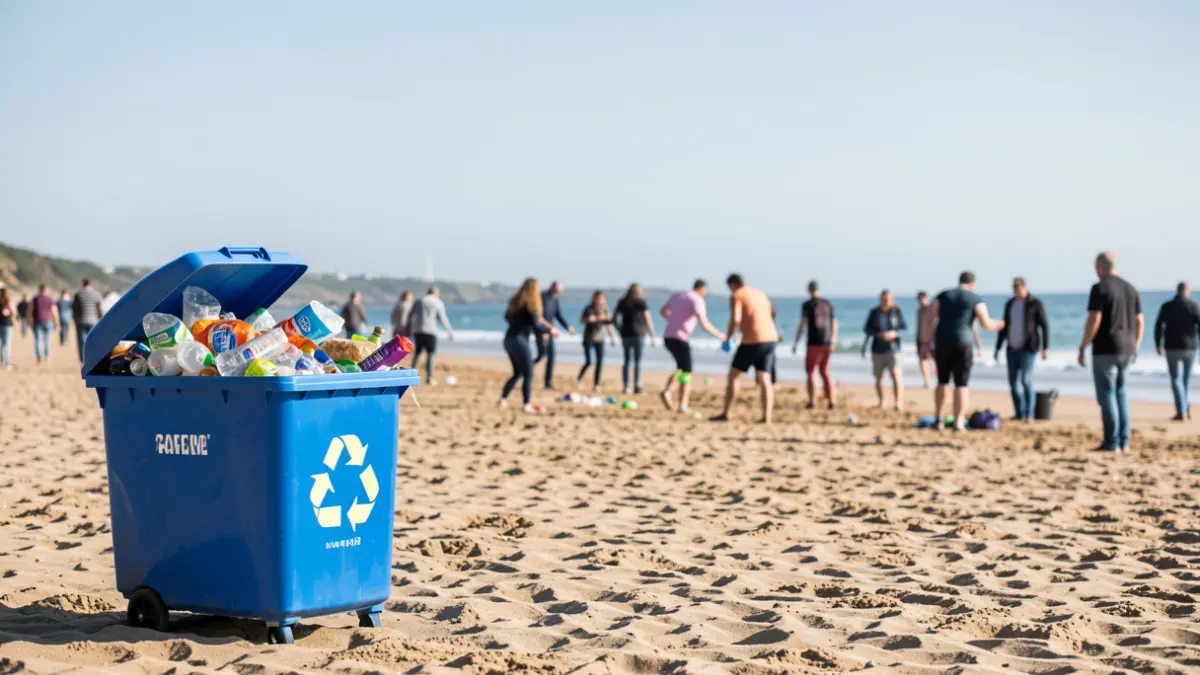 Imagen de una playa gallega con contenedores de reciclaje y gente participando en un juego.