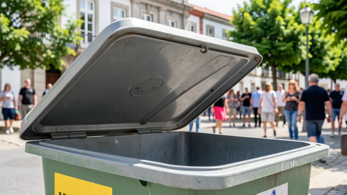 Imaxe dun contedor de lixo municipal limpo, co Concello de Oleiros ao fondo.