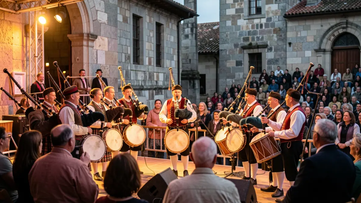 Imaxe xenérica de grupo de música tradicional galega actuando nun escenario exterior.