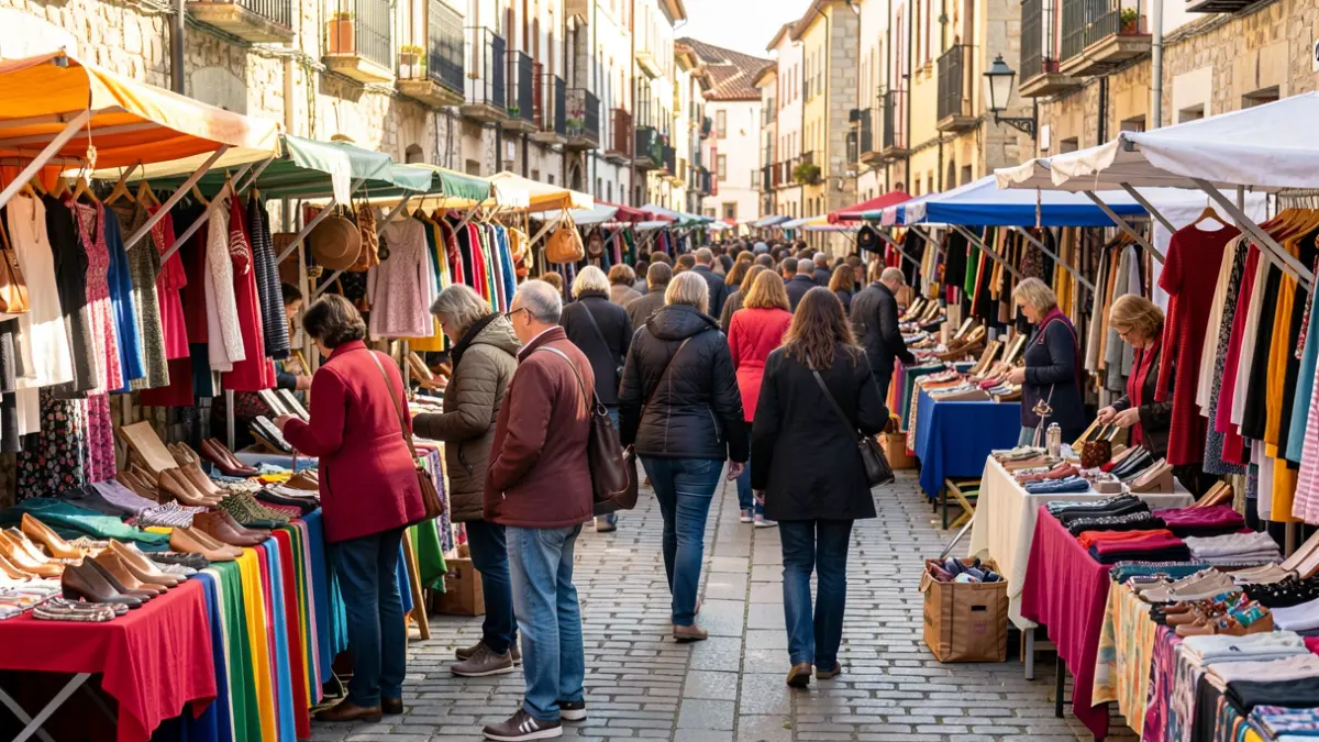 Imagen de una feria de comercio local en Ponteareas con puestos de moda y música en directo.