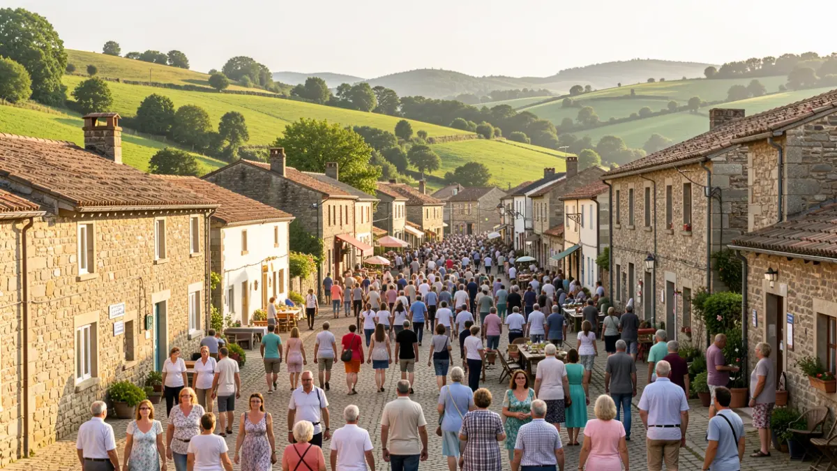 Imagen genérica de una villa rural gallega en verano con mucha gente.