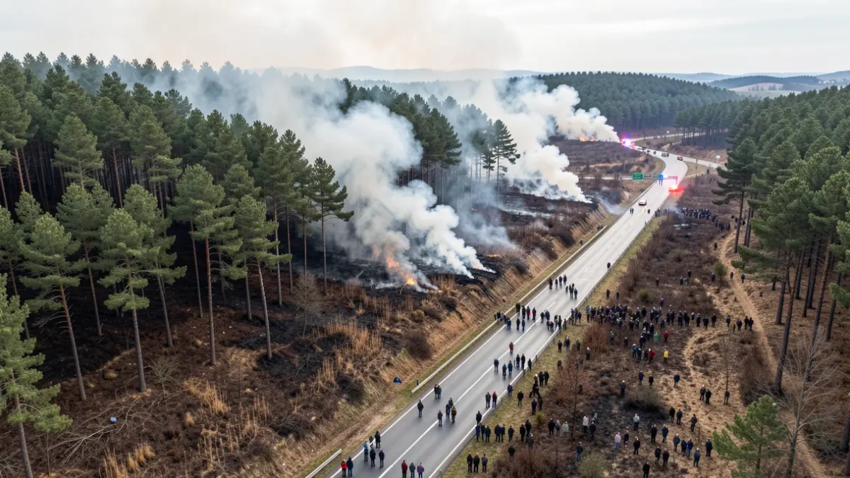Imaxe xenérica de incendio forestal con fume e luces de emerxencia.