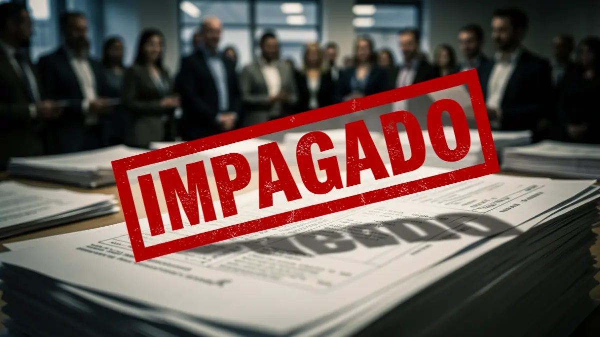 Primeiro plano dun selo oficial coa palabra 'IMPAGADO' en tinta vermella sobre facturas borrosas.