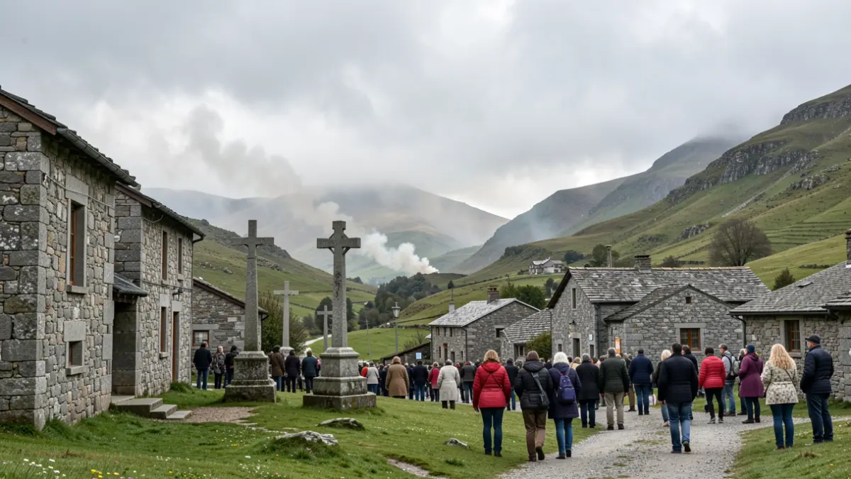 Imagen genérica de paisaje gallego con elementos tradicionales y humo a distancia.