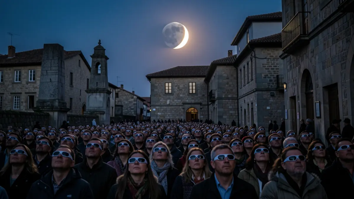 Imagen genérica de una ciudad gallega en penumbra durante un eclipse total de sol, con gente mirando al cielo con gafas especiales.