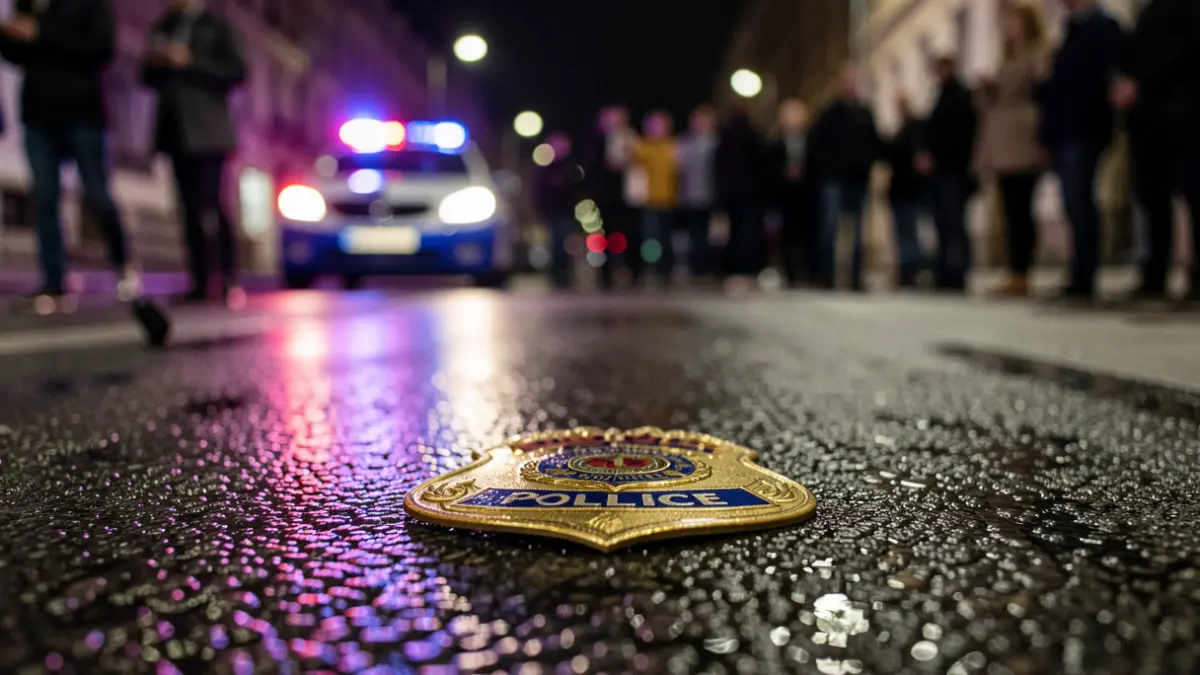 Imagen genérica de luces de emergencia policiales reflejadas en asfalto mojado por la noche.