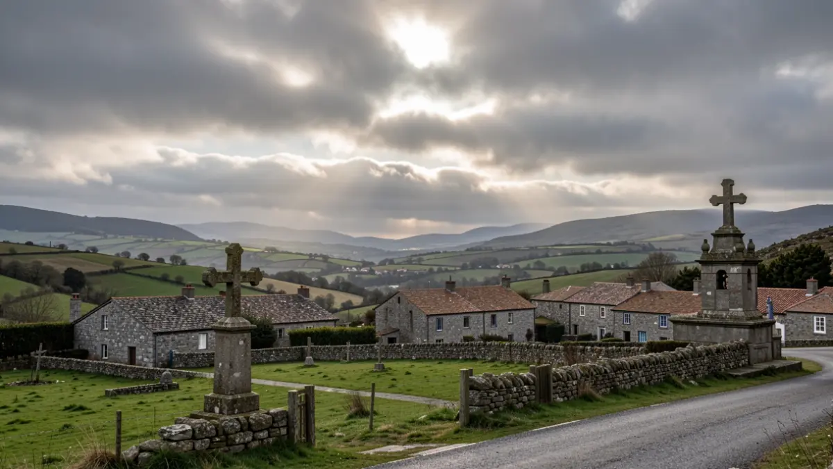 Imagen genérica de un valle gallego con cruceiros y casas de granito bajo un cielo nublado.