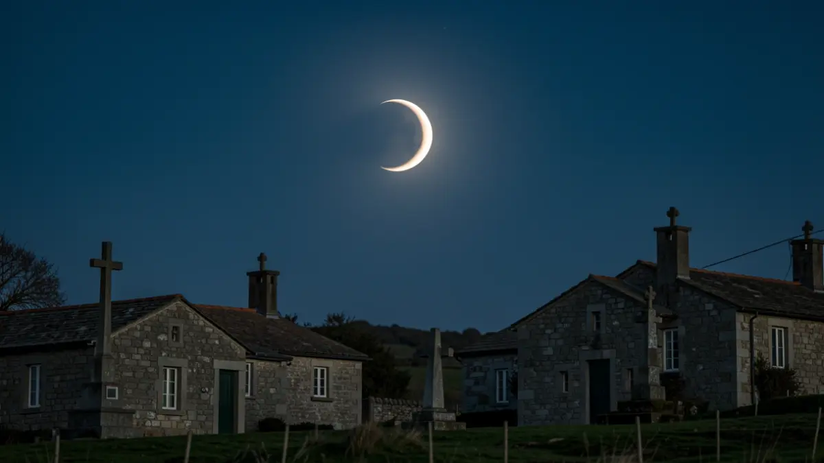 Imagen genérica de un eclipse solar parcial sobre un paisaje rural gallego con cruceiros.