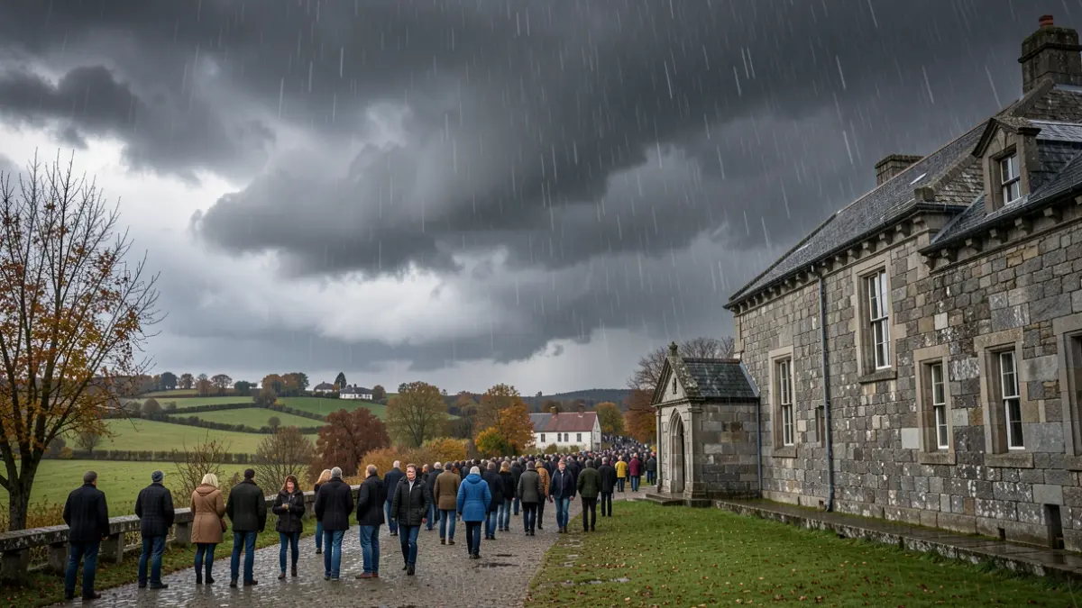 Imaxe xenérica de nubes de tormenta sobre unha paisaxe galega con arquitectura de granito e choiva intensa.