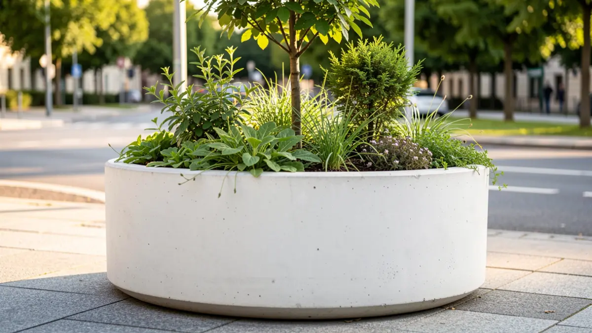 Primeira imaxe dun refuxio climático urbano en Ourense, con xardineiras de formigón branco e vexetación.