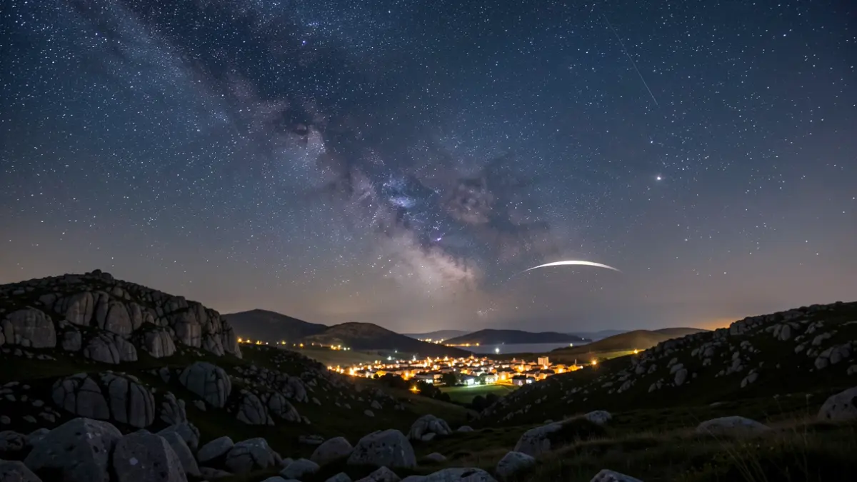 Imagen genérica de un cielo nocturno gallego con eclipse solar parcial y paisaje de fondo.