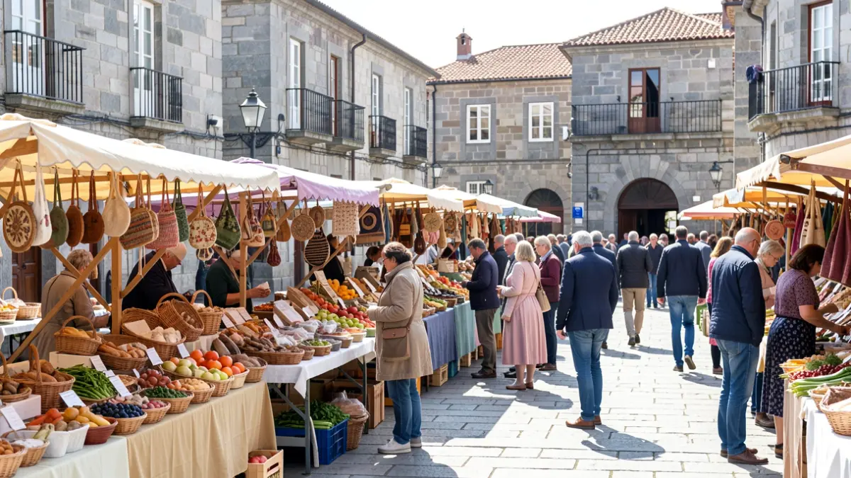 Imaxe xenérica dunha feira de artesanía e produtos locais nunha praza galega.