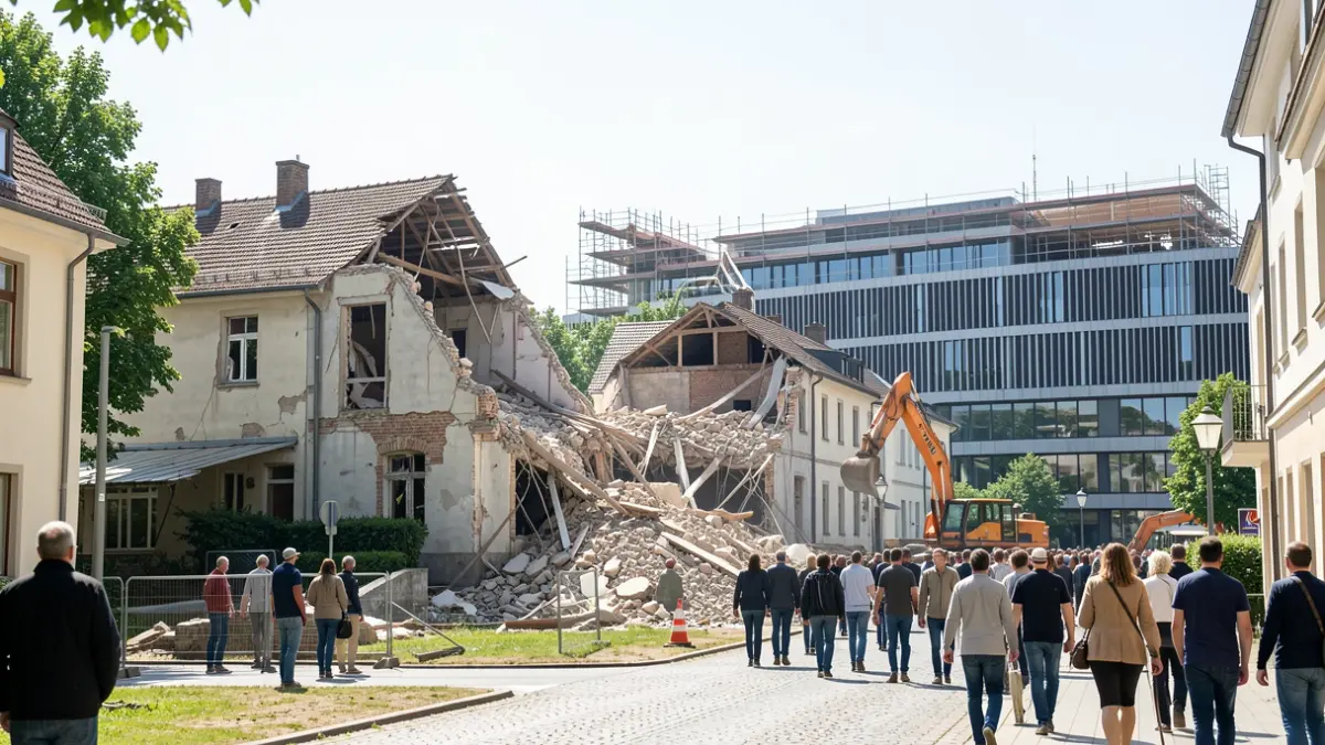 Imaxe xenérica de demolición dun mercado e construción dunha biblioteca.