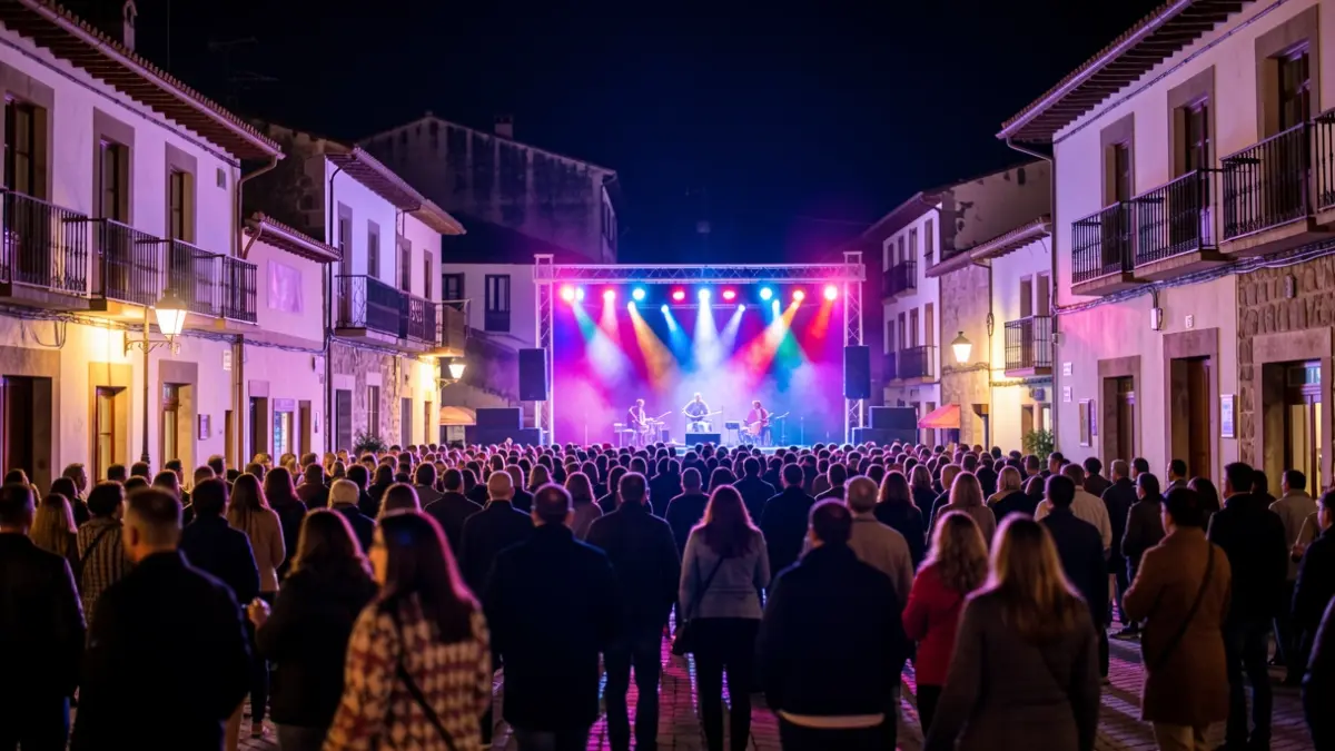 Imaxe xenérica dunha praza de Caldas de Reis pola noite, con luces de festa e xente.