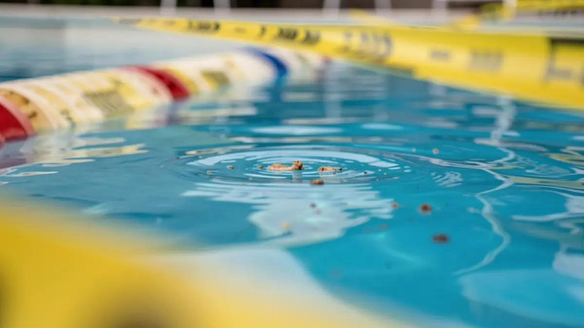 Imaxe xenérica de partículas nunha piscina con cinta de precaución.