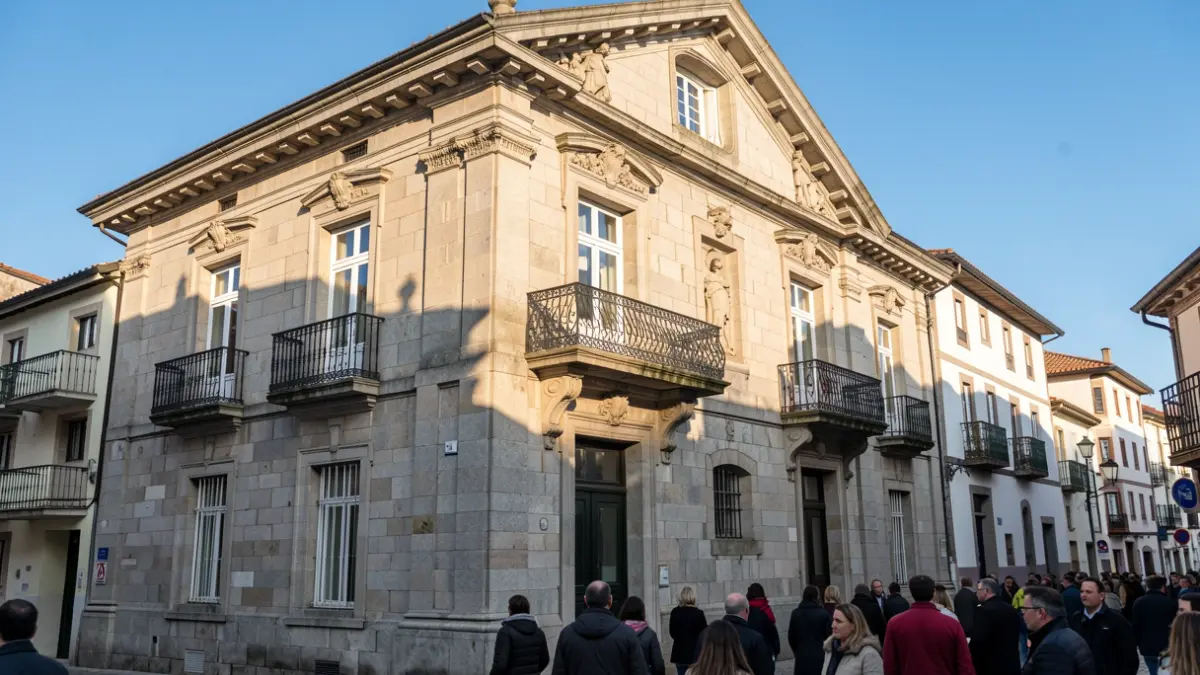 Imagen genérica de un ayuntamiento gallego de granito con balcón ornamentado, bajo la luz del sol de la tarde.