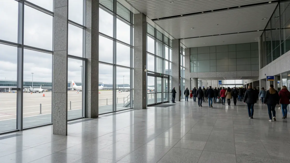 Imaxe xenérica dunha terminal de aeroporto baleira en Galicia con arquitectura de granito e ceo nubrado.