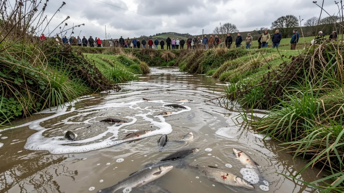 Imaxe dun regato contaminado en Galicia con peixes mortos e escuma branca.