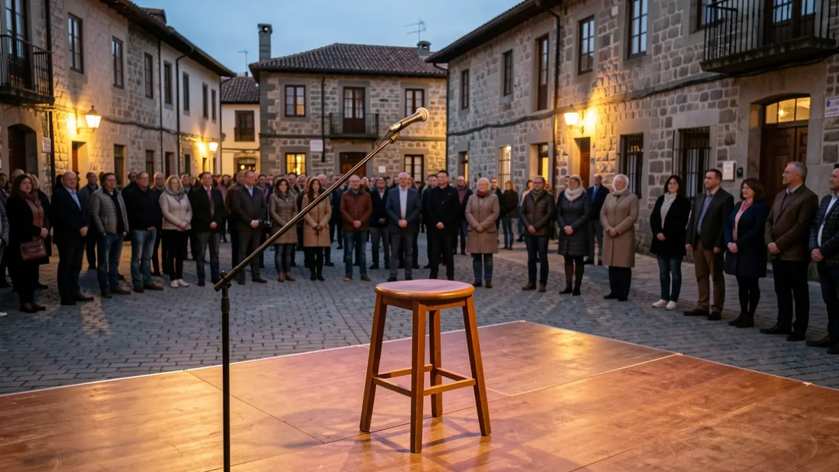 Imagen de un escenario vacío con un micrófono y un taburete con las luces encendidas en una plaza de Galicia al atardecer.