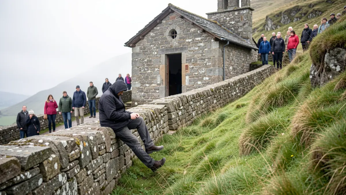 Imagen de una peregrina sentada en un vallado que pierde el equilibrio y cae por un terraplén cerca de una ermita en Padrón.