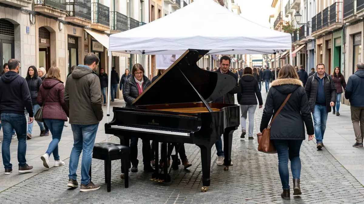 Imaxe dun piano na rúa Príncipe de Vigo, baixo unha carpa, con xente pasando.
