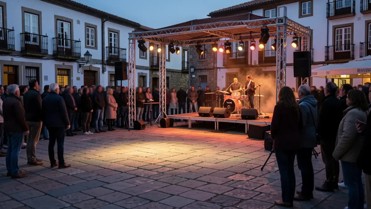 Escenario nunha praza de pedra durante un concerto ao aire libre.