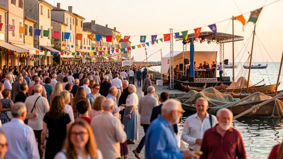 Imaxe dunha vila mariñeira con música, gastronomía e actividades culturais durante unha festa popular.
