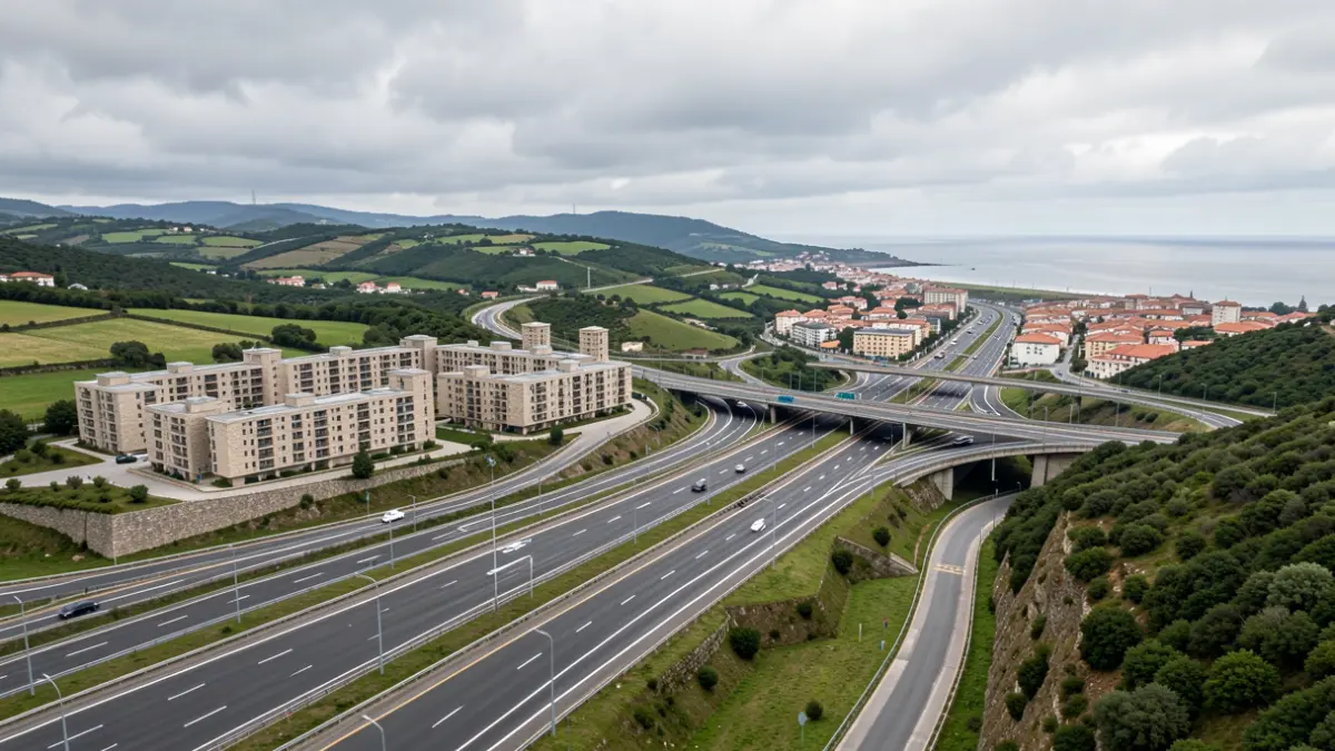 Vista aérea dunha autoestrada en Galicia coa proposta dunha nova saída.