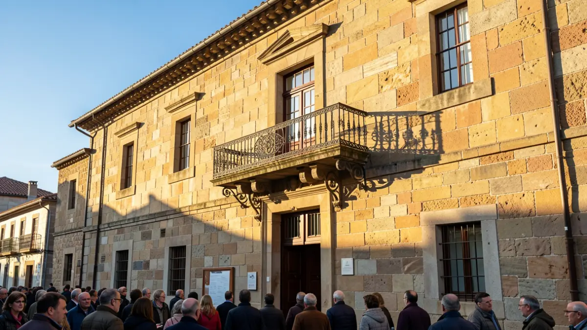 Imaxe xenérica dun concello tradicional galego con balcón e sol de tarde.