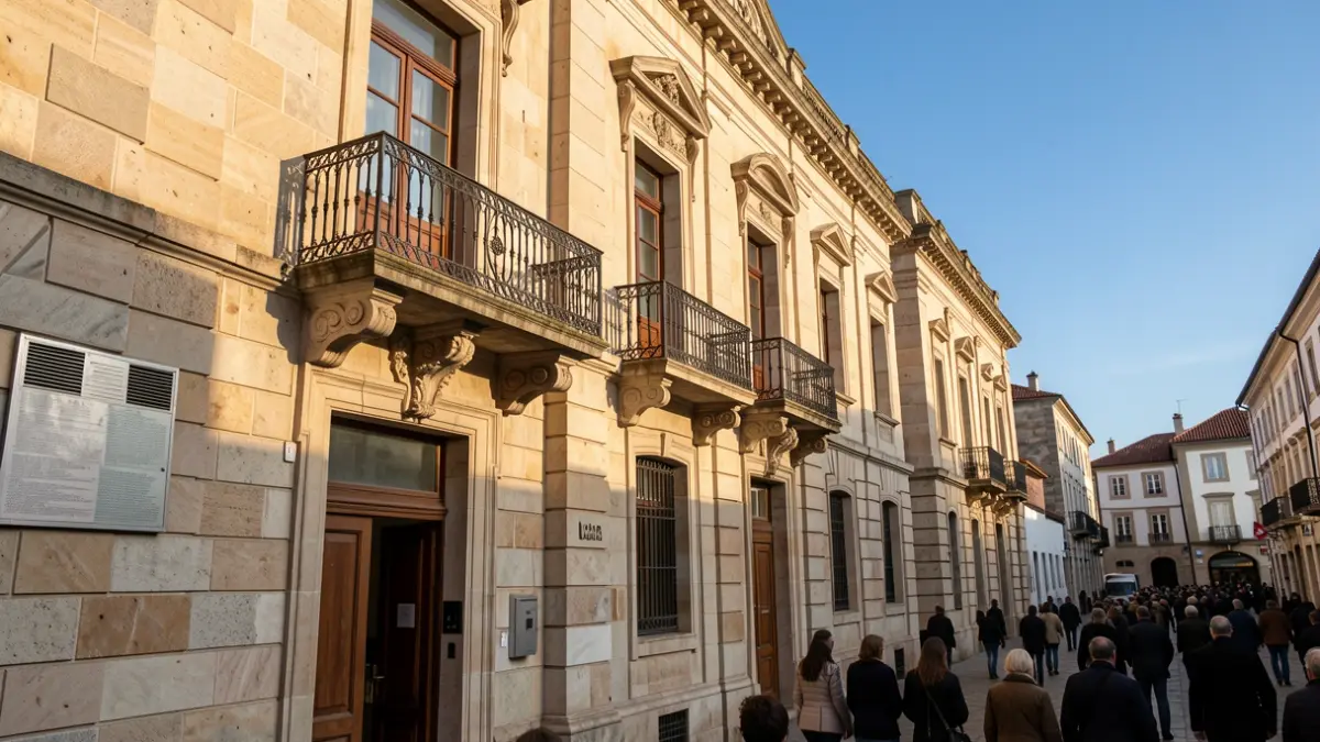 Imaxe xenérica dun concello galego con balcón e áspero de pedra baixo o sol da tarde.
