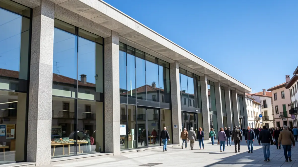 Imagen genérica de un mercado moderno con detalles de granito y amplias ventanas.