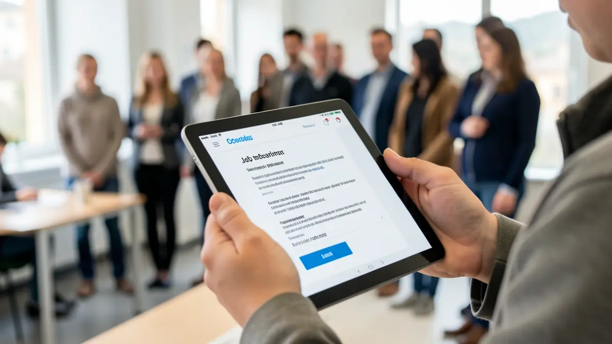 Primer plano de las manos de un joven/a sosteniendo una tableta con una oferta de empleo, con fondo borroso de una oficina moderna en Galicia.