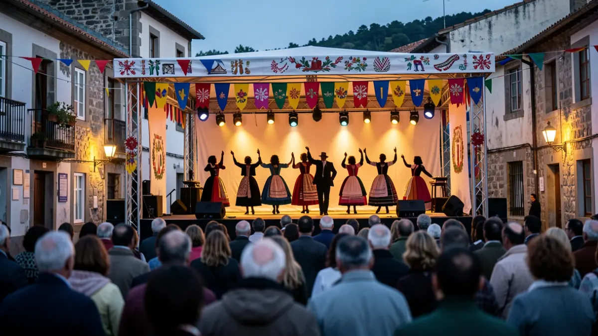 Imagen de un escenario exterior en una plaza gallega al anochecer, decorado con banderas coloridas y motivos tradicionales. Siluetas de bailarines con diversos trajes folclóricos son visibles en el escenario, con una multitud difuminada en primer plano. Focos cálidos iluminan la escena.
