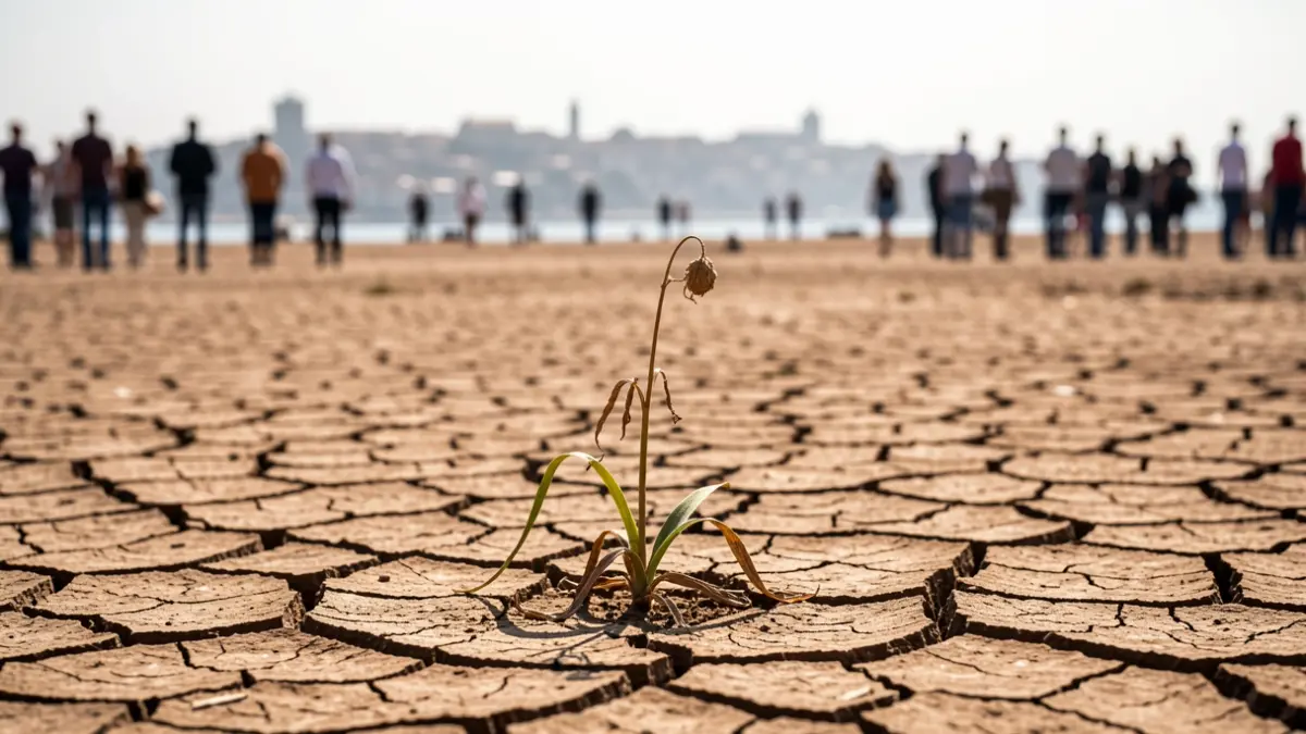Imagen genérica de escasez de agua con una planta seca y una villa borrosa al fondo.
