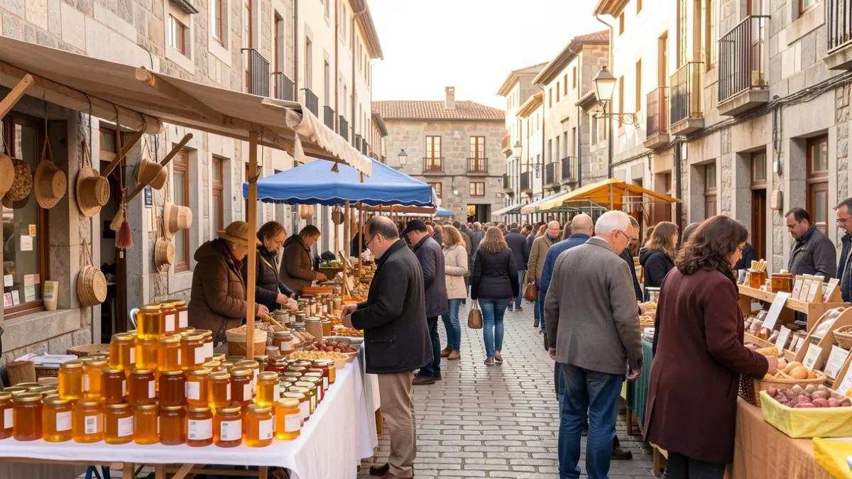 Imaxe dunha feira de mel en Pontevedra con postos de produtos locais e xente.