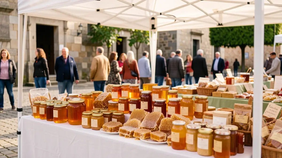 Imaxe dun posto de mel nunha feira gastronómica en Pontevedra, con tarros de mel dourada e panal.