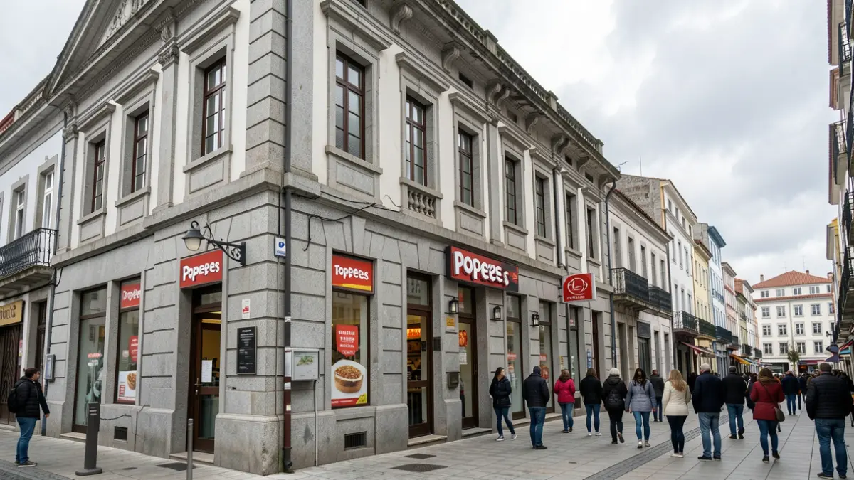 Fachada dun antigo edificio bancario en A Coruña en proceso de conversión a restaurante de comida rápida Popeyes.