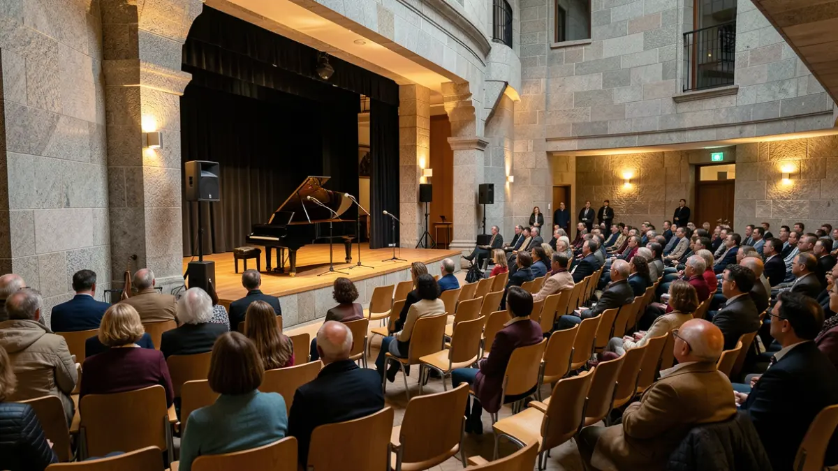Imaxe xenérica dun centro cultural galego con escenario e piano.