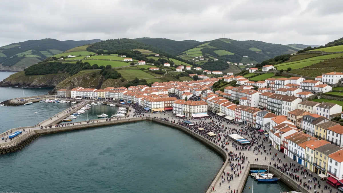 Vista aérea de Porto do Son, Galicia, con la costa, el puerto y los edificios del ayuntamiento.