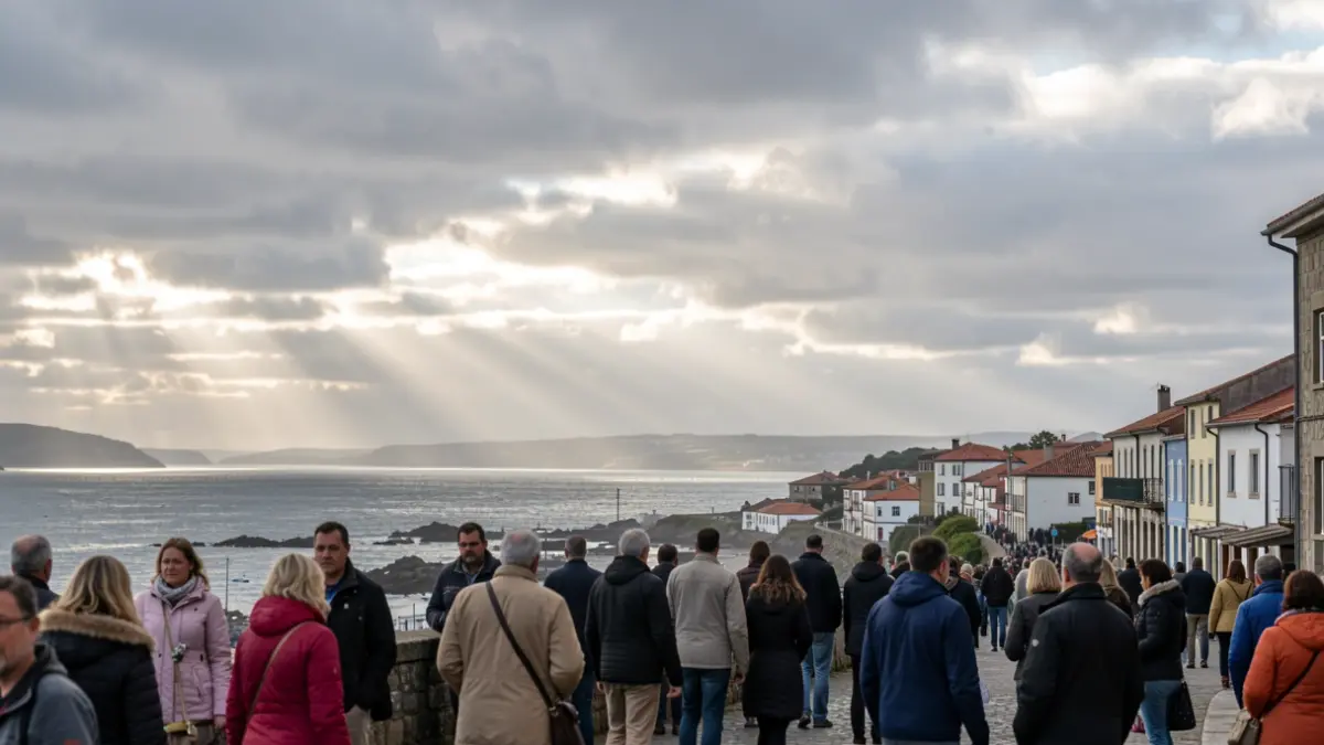 Imaxe xenérica dun ceo con nubes e sol sobre unha vila costeira galega.