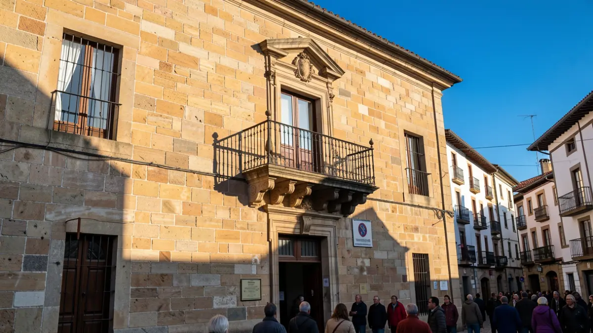 Imagen genérica de un ayuntamiento tradicional gallego de piedra con balcón y barandillas de hierro, a la luz del sol de la tarde.