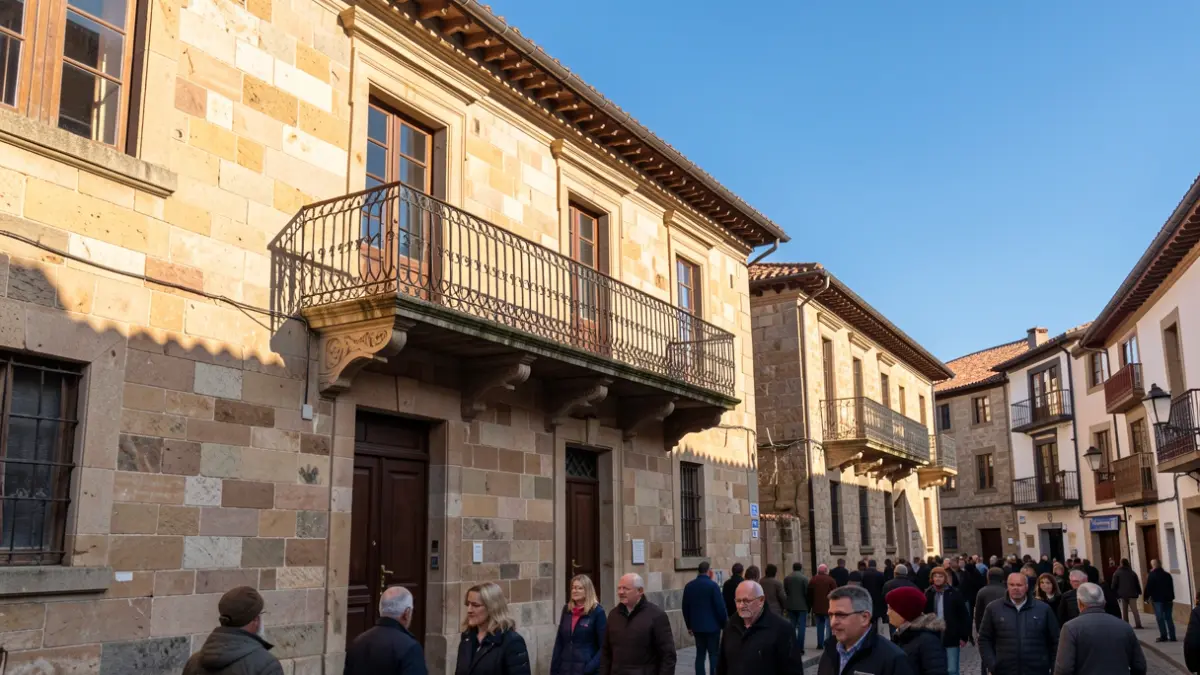 Imaxe xenérica dun concello de pedra galego con balcón ornamentado e raís de ferro, luz solar cálida da tarde.