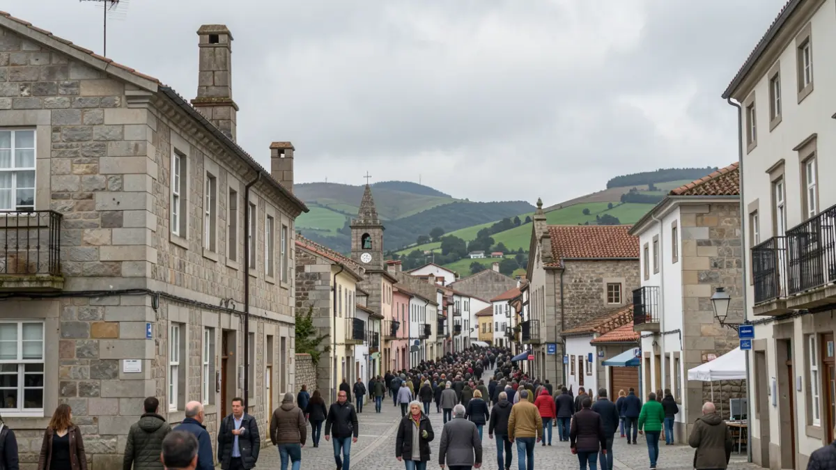 Imaxe xenérica de ceo cuberto sobre Ortigueira, Galicia, con arquitectura de granito e outeiros verdes.