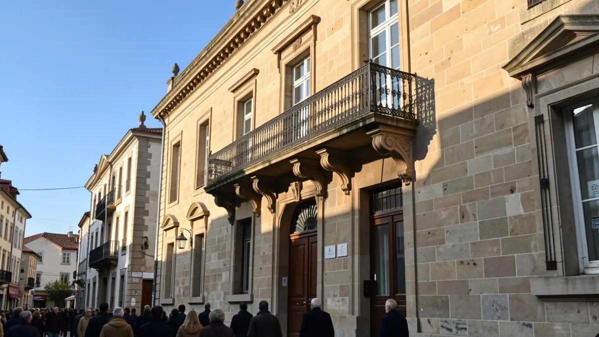 Imagen genérica de un ayuntamiento gallego de piedra con balcón ornamentado y rejas, cálida luz solar de la tarde proyectando sombras en las paredes de arenisca, cielo azul.
