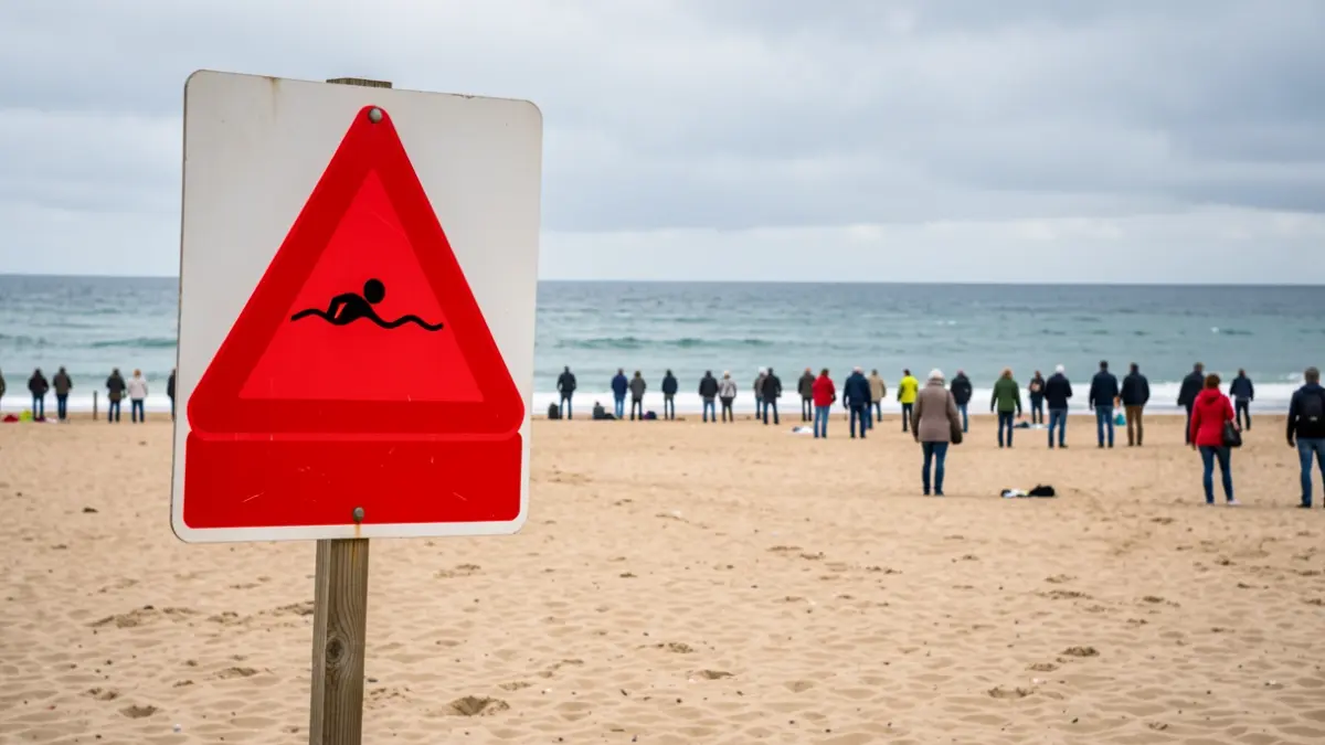 Imaxe dunha praia galega coa bandeira vermella de prohibición do baño.
