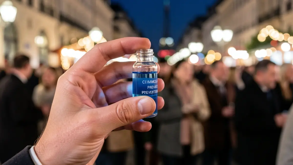 Primer plano de una mano sosteniendo un pequeño vial transparente con un líquido azul, simbolizando la prevención de la sumisión química, con un fondo difuminado de una multitud festiva por la noche.