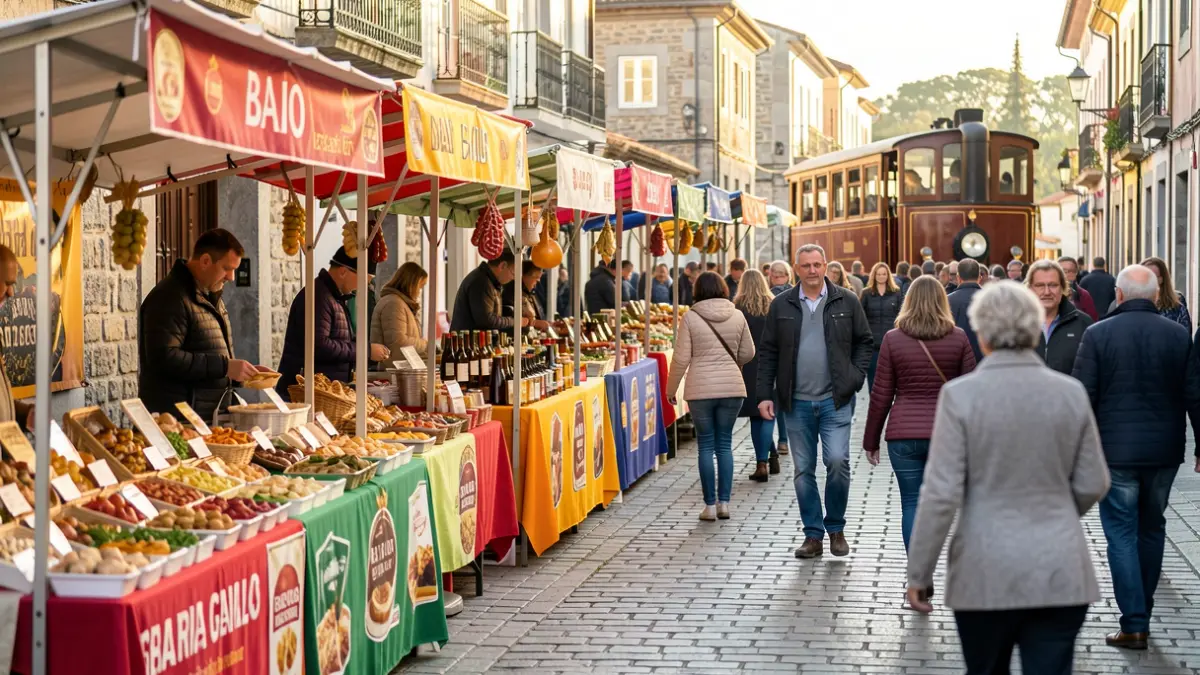 Imagen de una calle de Baio durante una campaña comercial con puestos, gente y un tren turístico.