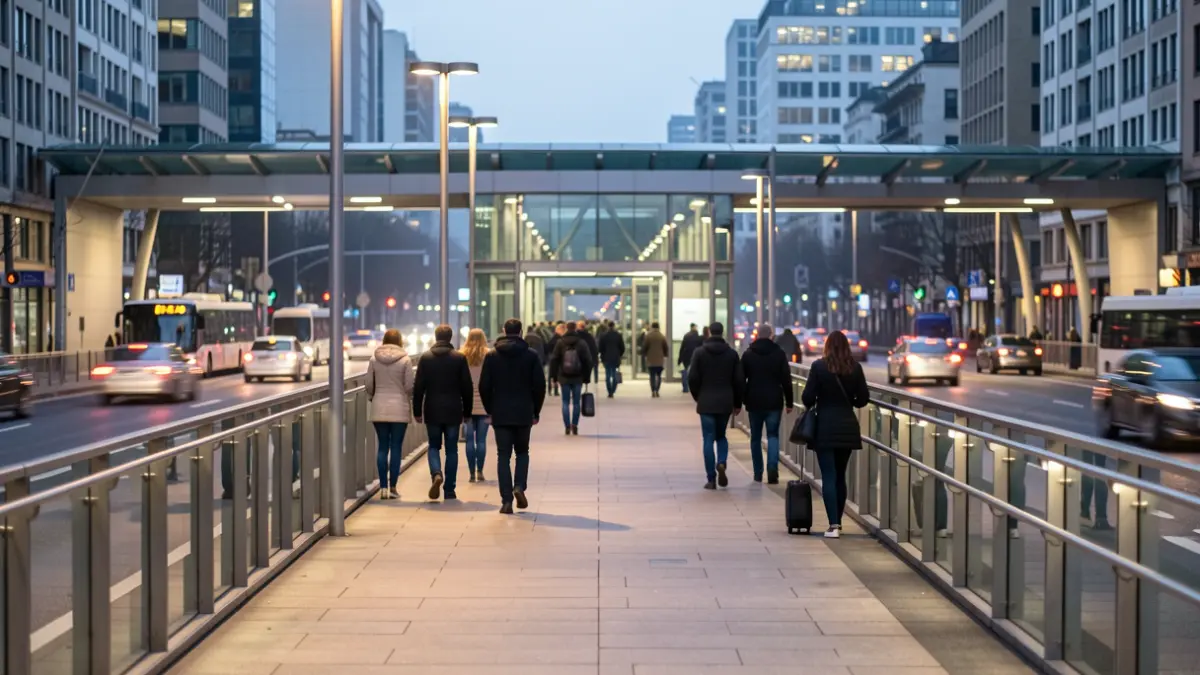 Imaxe xenérica dunha pasarela peonil entre dúas estacións de transporte.