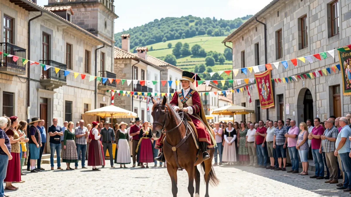 Imagen de una fiesta del caballo en Teixeiro, Curtis, con gente y caballos.