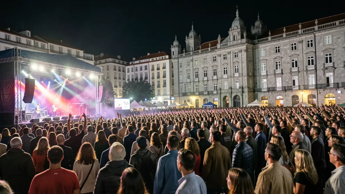 Imagen genérica de un festival de música nocturno en Galicia con gente y luces.
